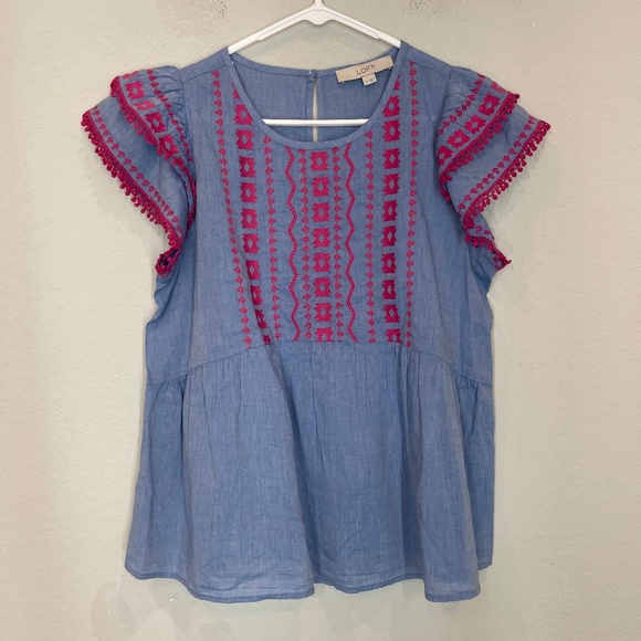Loft Top Women's M Blue Embroidered Peplum Flutter Short Sleeve Breathable - Picture 1 of 10